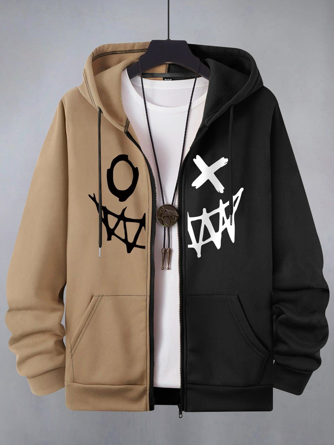 Zip Up Two Tone Hoodie With Drawstring