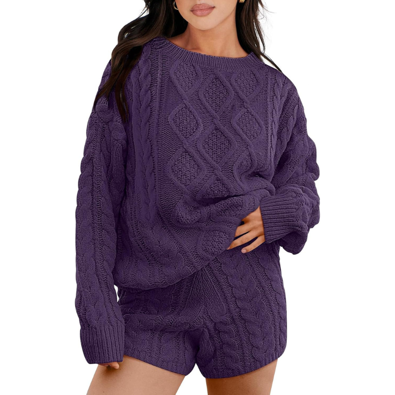 2 Piece Casual Cable Knit Sweater And Shorts Set