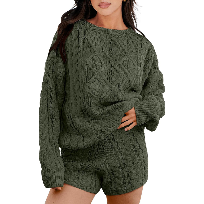 2 Piece Casual Cable Knit Sweater And Shorts Set