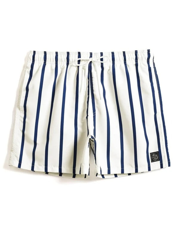 Striped Print Patched Detail Swim Trunks