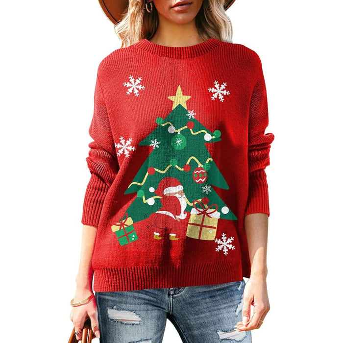 Festive Long Sleeve Sweater With Holiday Prints