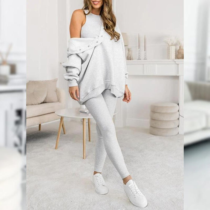 Casual Snap Buttoned Hoodie And Legging Three Piece Set