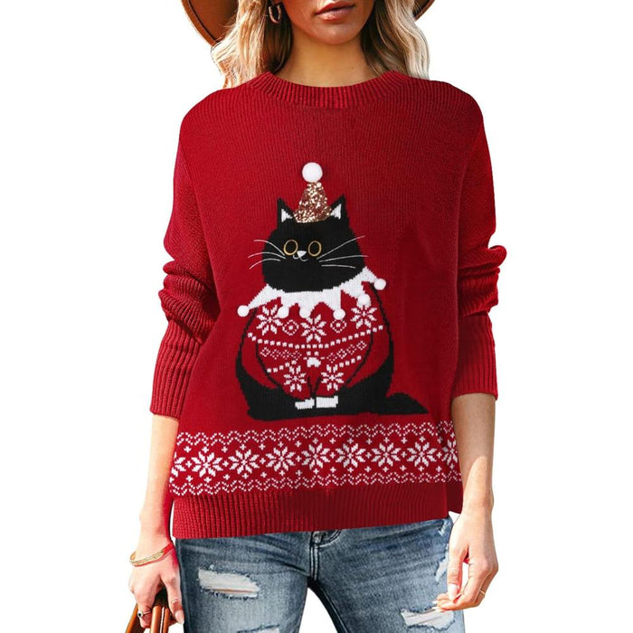 Festive Long Sleeve Sweater With Holiday Prints