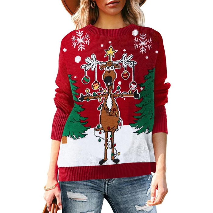 Festive Long Sleeve Sweater With Holiday Prints