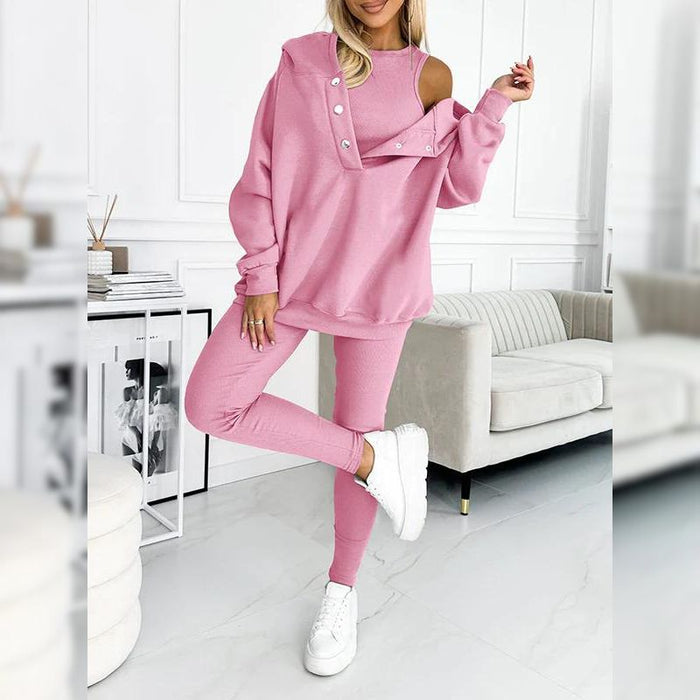 Casual Snap Buttoned Hoodie And Legging Three Piece Set