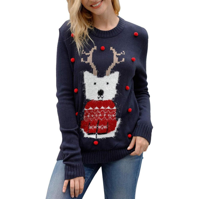 Festive Long Sleeve Sweater With Holiday Prints