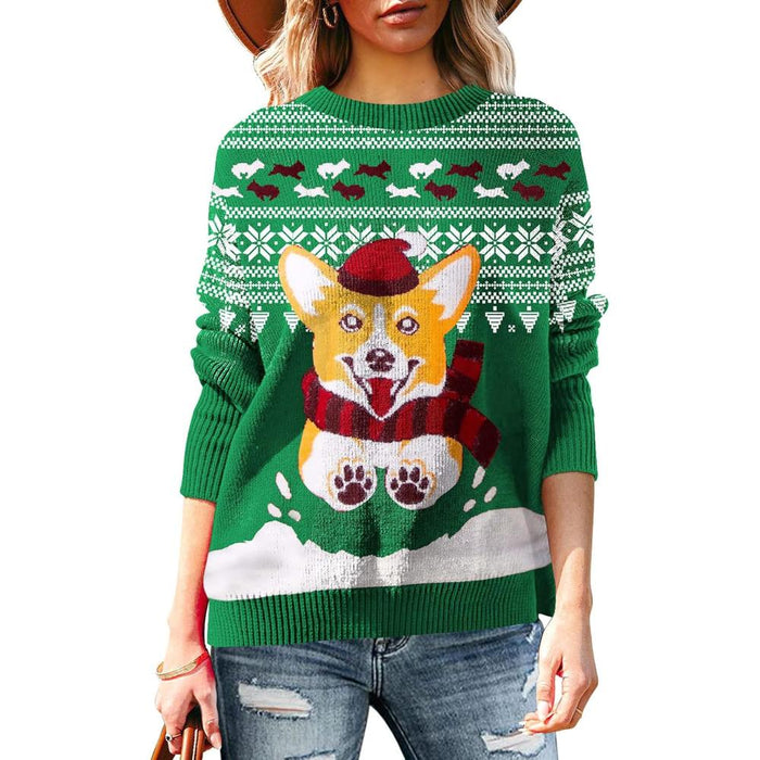 Festive Long Sleeve Sweater With Holiday Prints