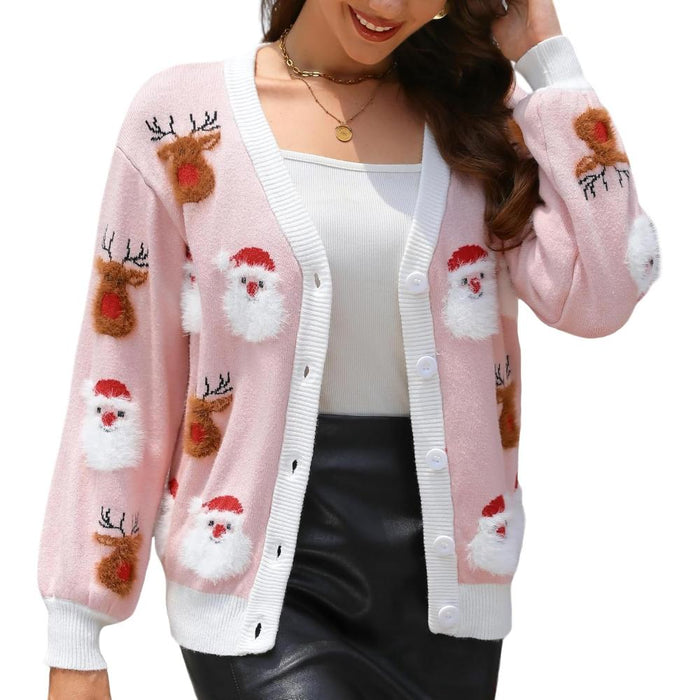 Knitted Button Up Sweater With Christmas Theme