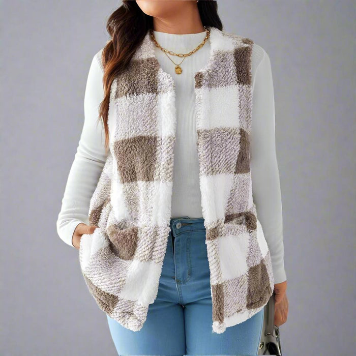 Plaid Sleeveless Open Front Jacket