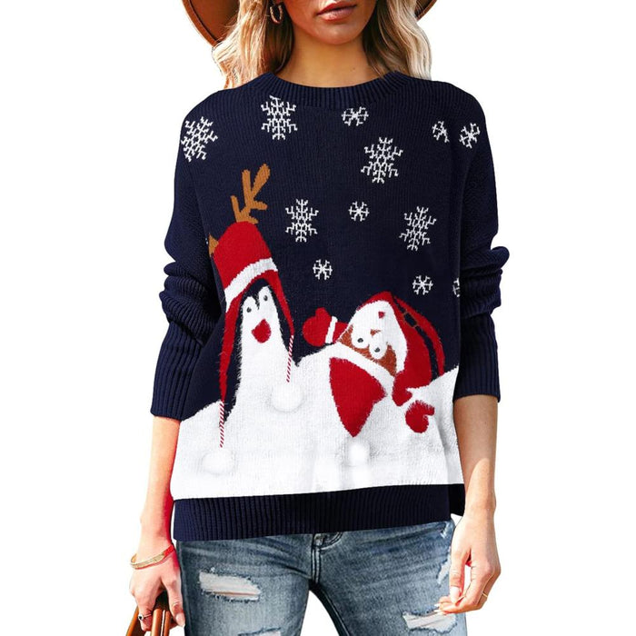 Festive Long Sleeve Sweater With Holiday Prints