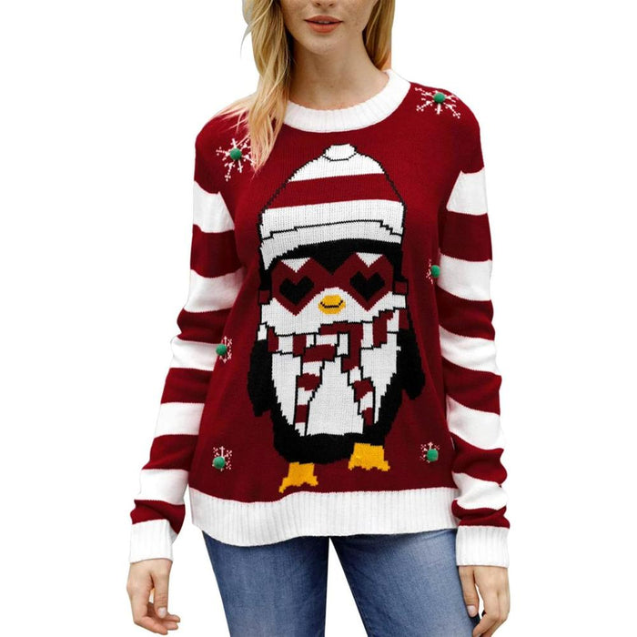 Festive Long Sleeve Sweater With Holiday Prints