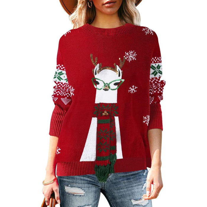 Festive Long Sleeve Sweater With Holiday Prints