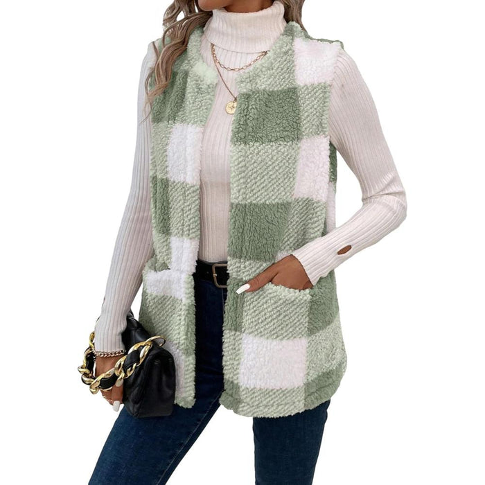 Plaid Sleeveless Open Front Jacket