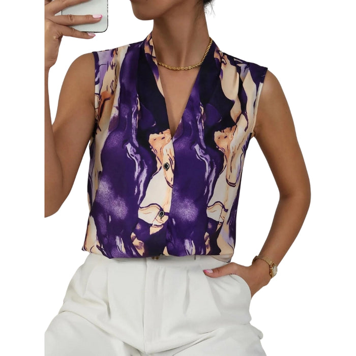 Graphic Print V Neck Sleeveless Blouse