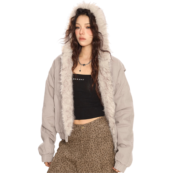 Faux Fur Hooded Jacket With Zipper Closure