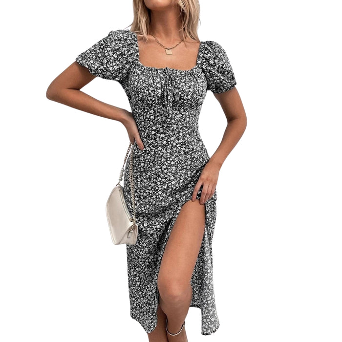 Floral Print Tie Front Split Dress