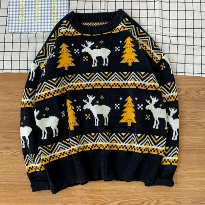 Moose And Christmas Tree Printed Sweater