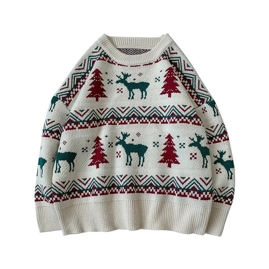 Deer And Christmas Tree Printed Matching Sweater