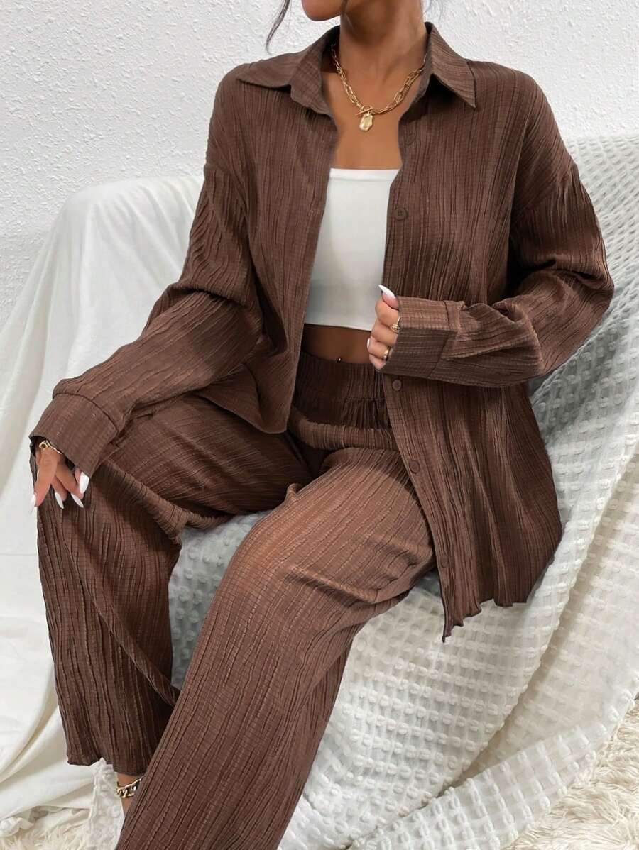 Casual Style Long Sleeve Shirt And Pants Set