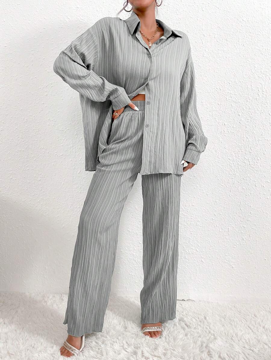 Casual Style Long Sleeve Shirt And Pants Set