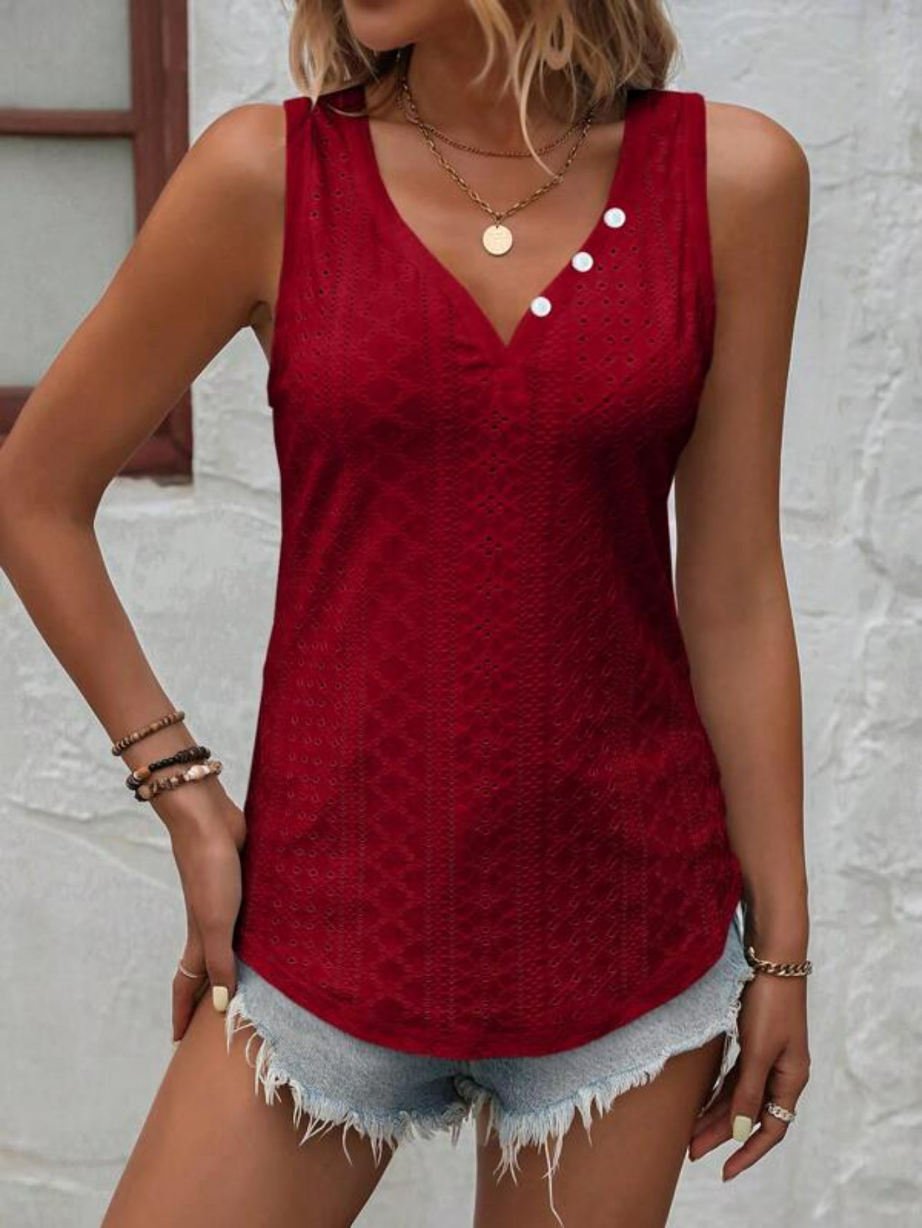 Embroidery Button Pattern Tank Top