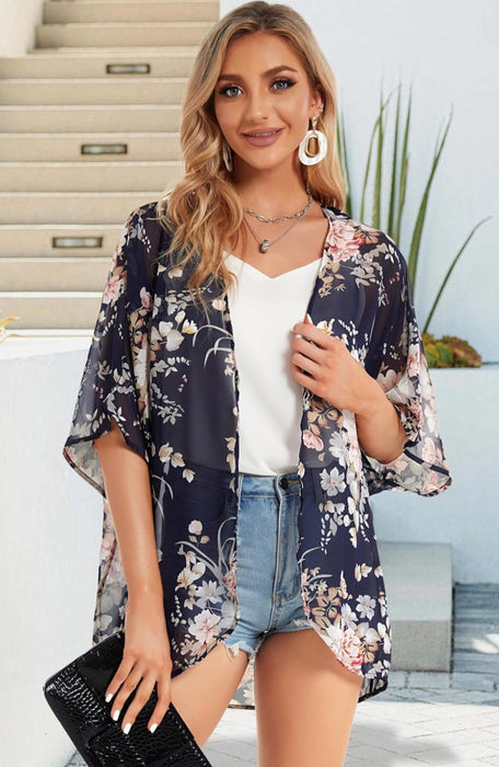 Floral Chiffon Puff Sleeve Kimono Cardigan