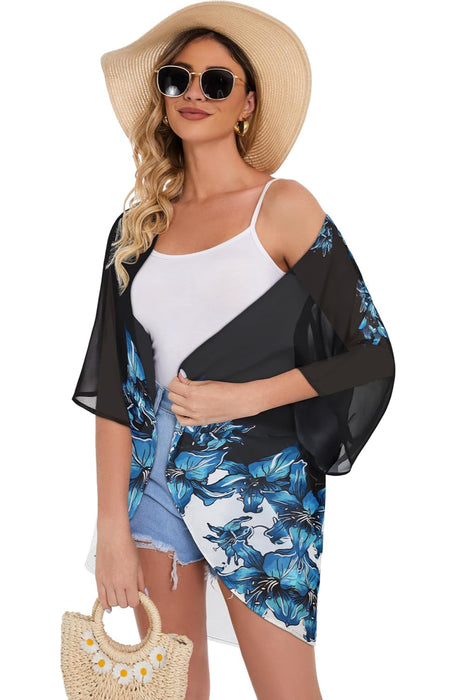 Floral Chiffon Puff Sleeve Kimono Cardigan