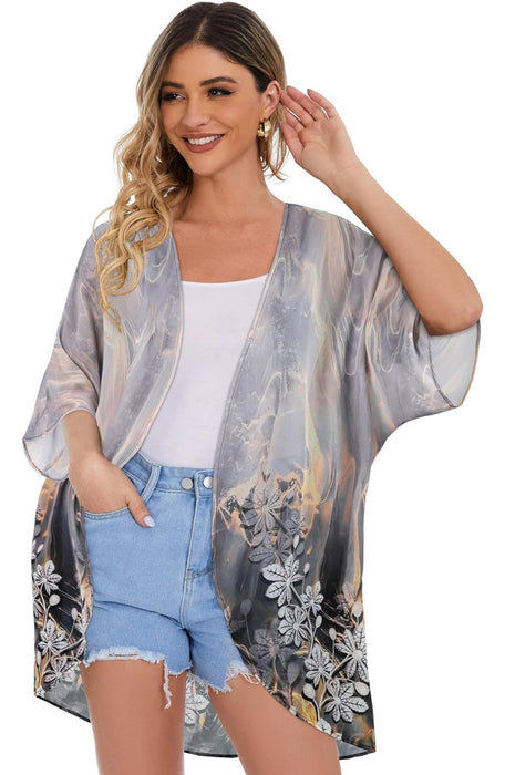 Floral Chiffon Puff Sleeve Kimono Cardigan