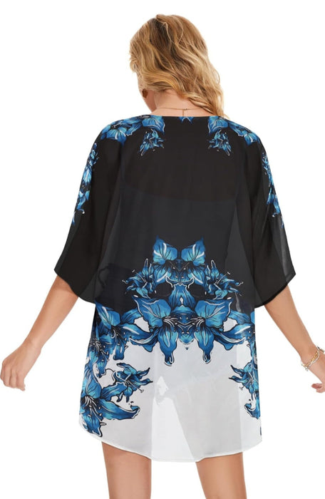 Floral Chiffon Puff Sleeve Kimono Cardigan