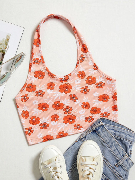 Floral Print Backless Crop Top