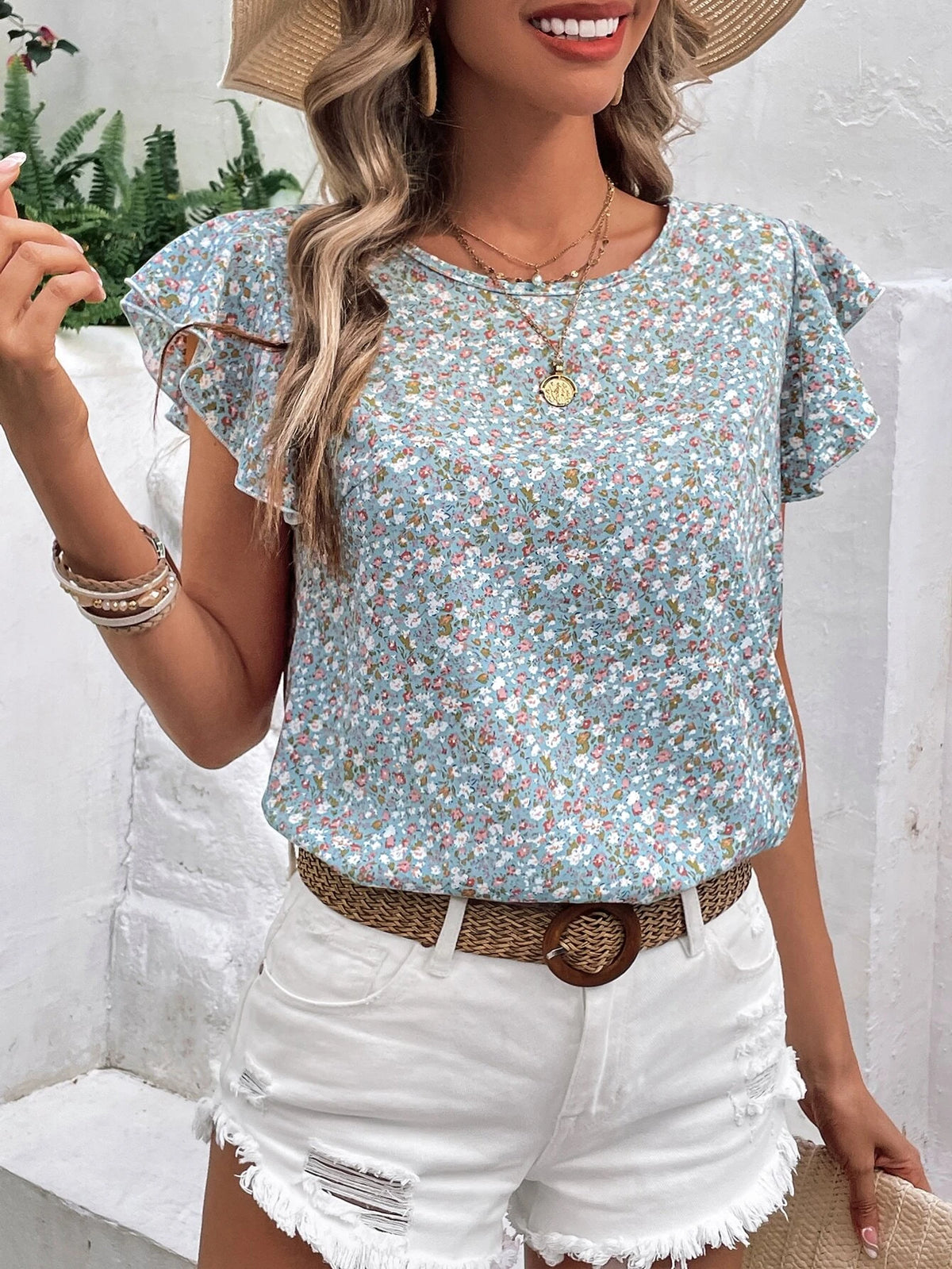 Floral Print Butterfly Sleeve Blouse