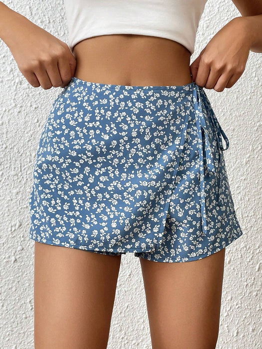 Floral Print Wrap Hem Casual Short