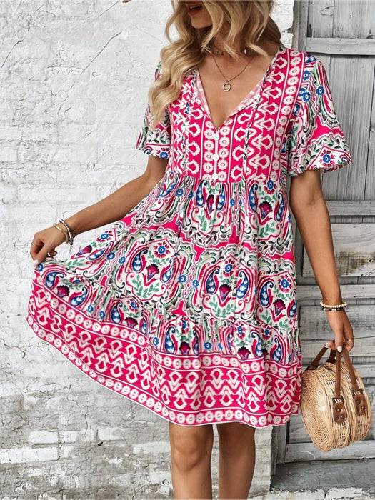 Floral Print Tie Neck Dress