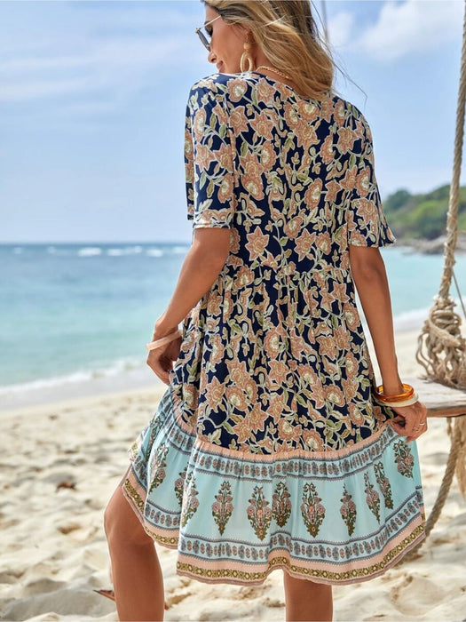 Floral Print Tie Neck Dress