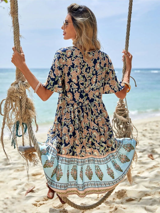 Floral Print Tie Neck Dress