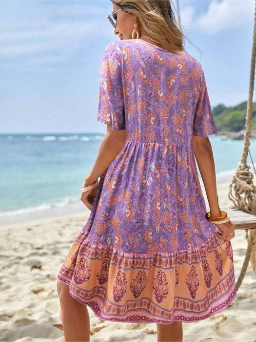 Floral Print Tie Neck Dress