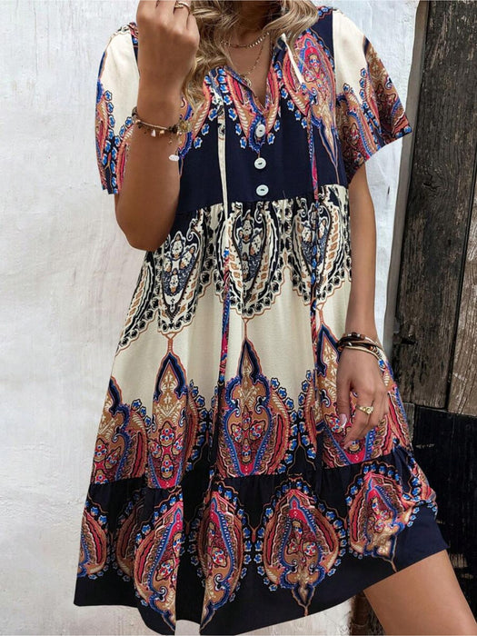 Floral Print Tie Neck Dress