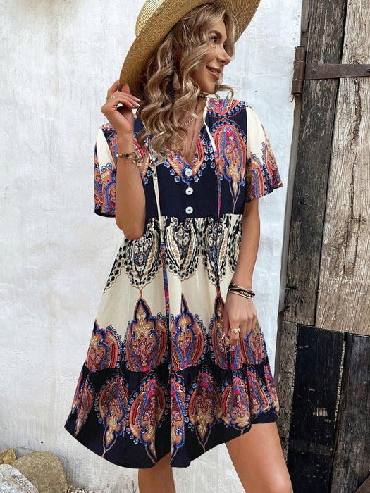 Floral Print Tie Neck Dress