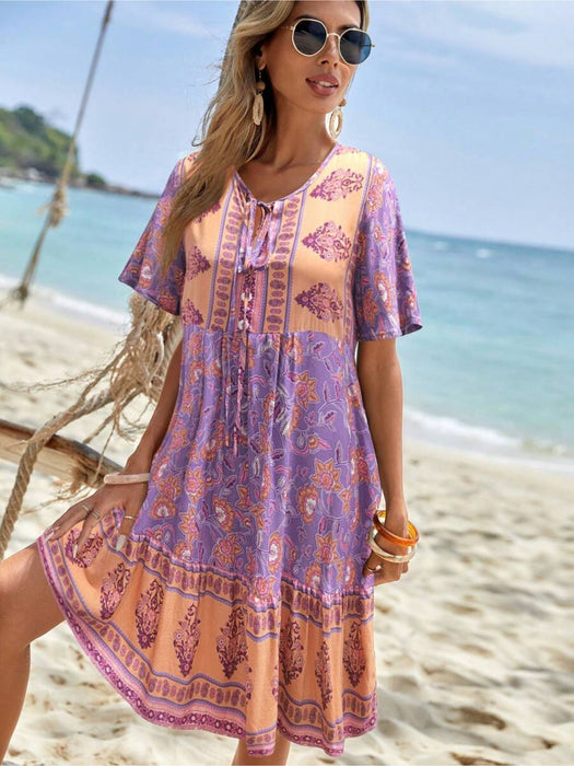 Floral Print Tie Neck Dress