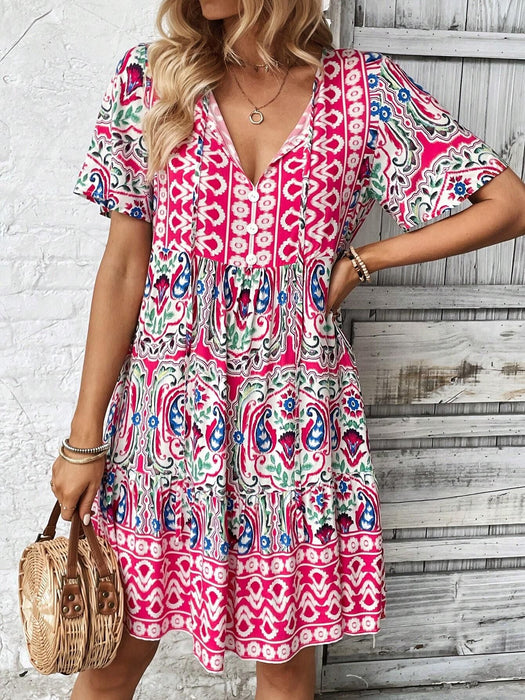 Floral Print Tie Neck Dress