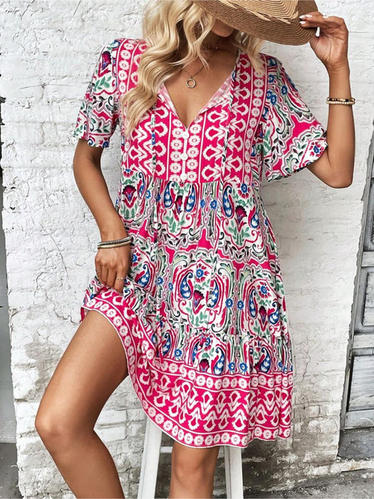 Floral Print Tie Neck Dress