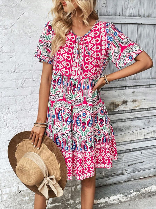 Floral Print Tie Neck Dress