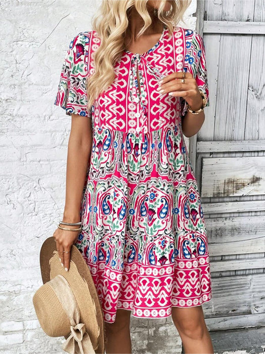 Floral Print Tie Neck Dress