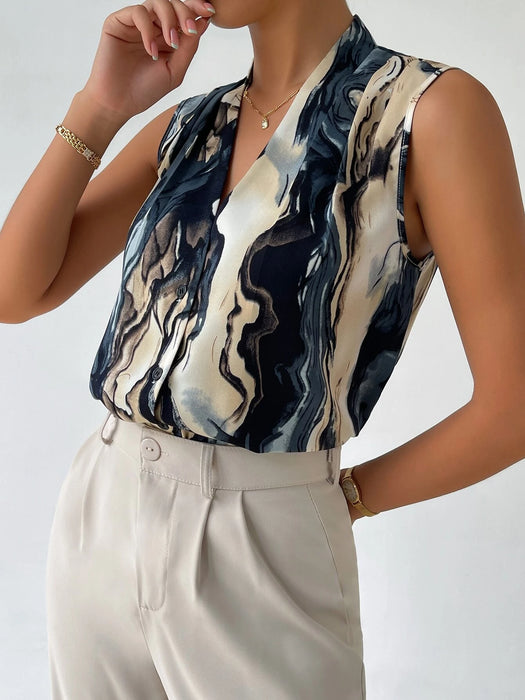 Graphic Print V Neck Sleeveless Blouse