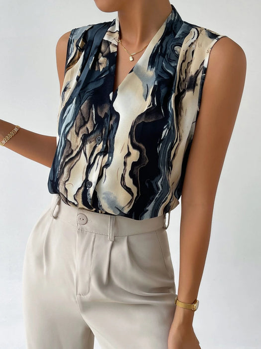 Graphic Print V Neck Sleeveless Blouse