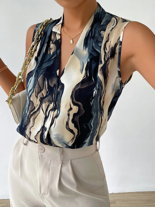 Graphic Print V Neck Sleeveless Blouse