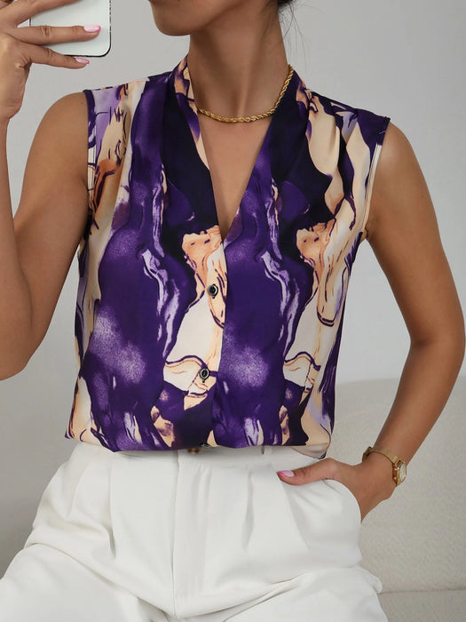 Graphic Print V Neck Sleeveless Blouse