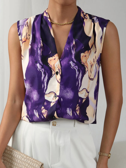 Graphic Print V Neck Sleeveless Blouse