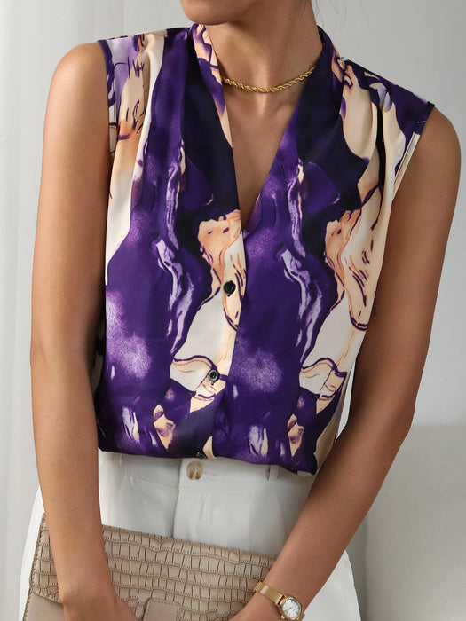 Graphic Print V Neck Sleeveless Blouse