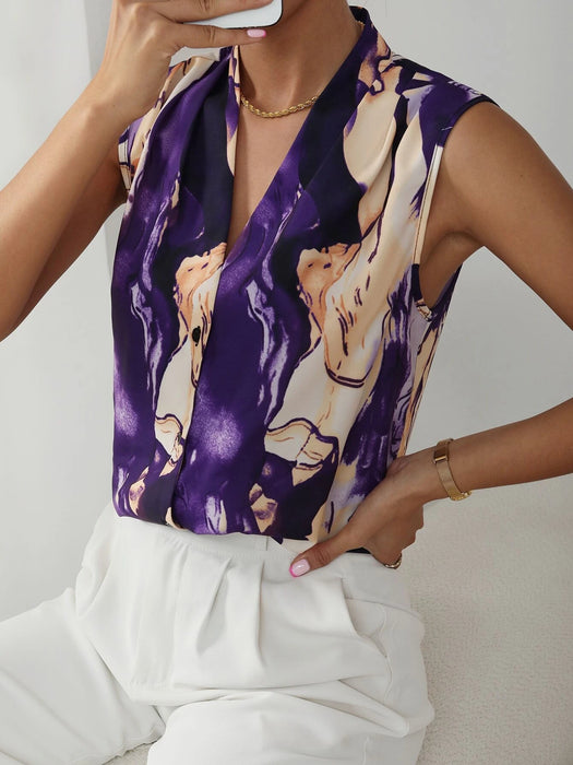 Graphic Print V Neck Sleeveless Blouse